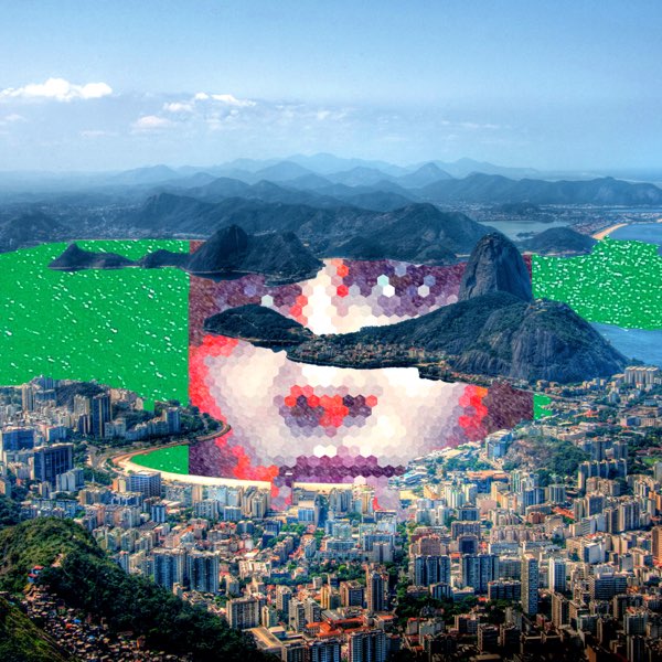 pixelated female face in landscape
