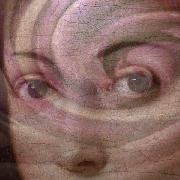 close up of young woman's face painted in oils and overlaid with a pink vortex