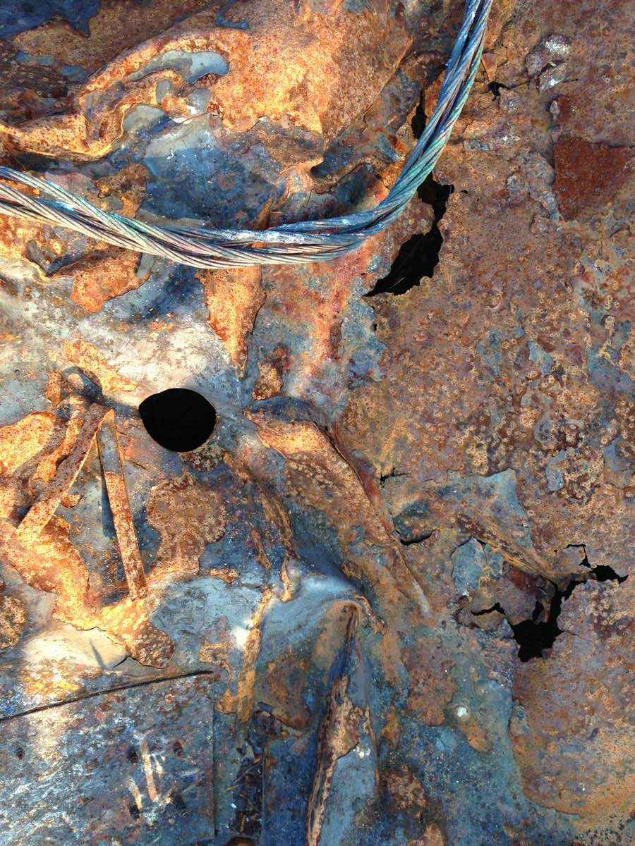 rusted iron, steel rope;