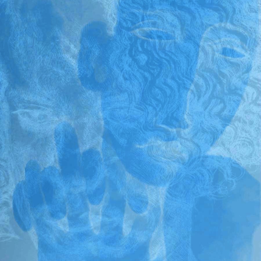 elongated female face in blue