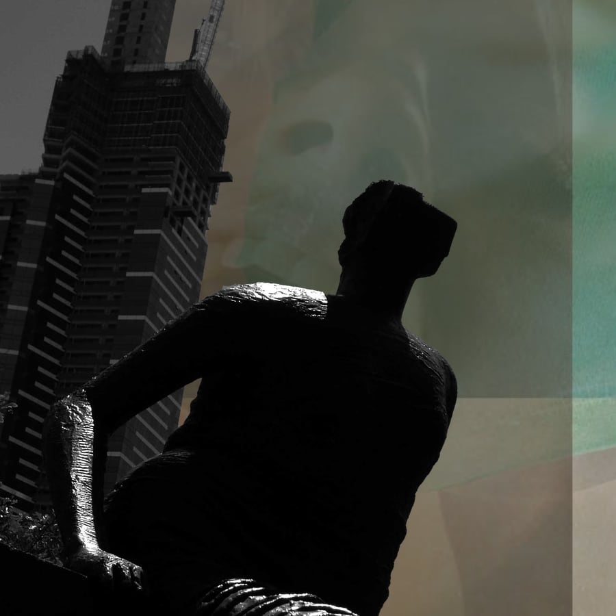 brutalist statue, high rise in constriction, pale woman might be screaming