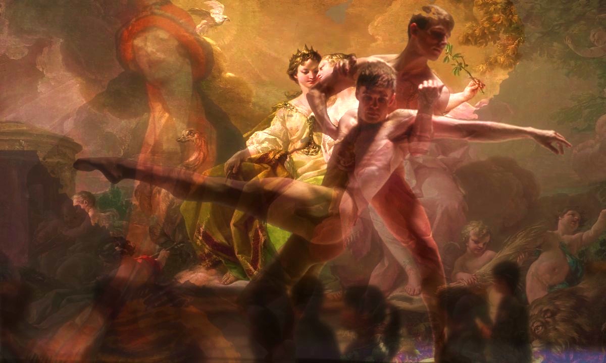 men dancing with painted women in background, silhouettes of chidren walking past