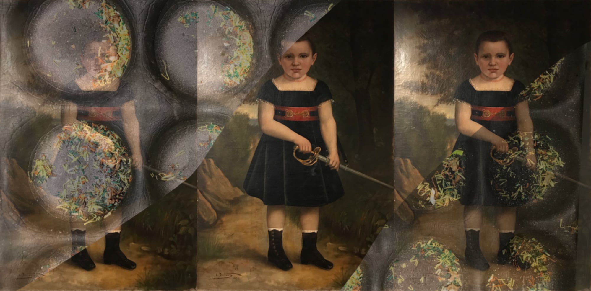 microplastic fragments with child in 19th century dress, brandishing a sword