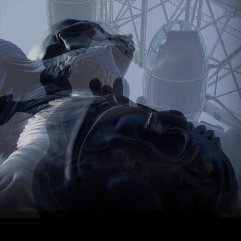 anatomically peeled back sculpture of pregnant woman gazes towards a sky machine