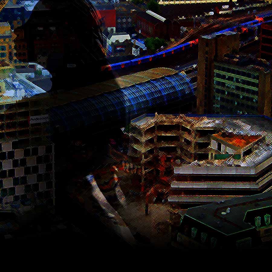 silhouette of woman in the night above and against colourful metropolitan landscape of demolished buildings and railways