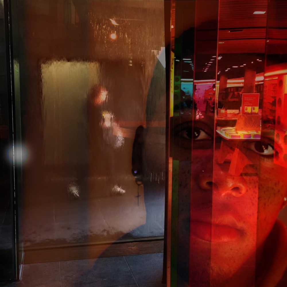 woman walks out of screen and man has head on different angle
