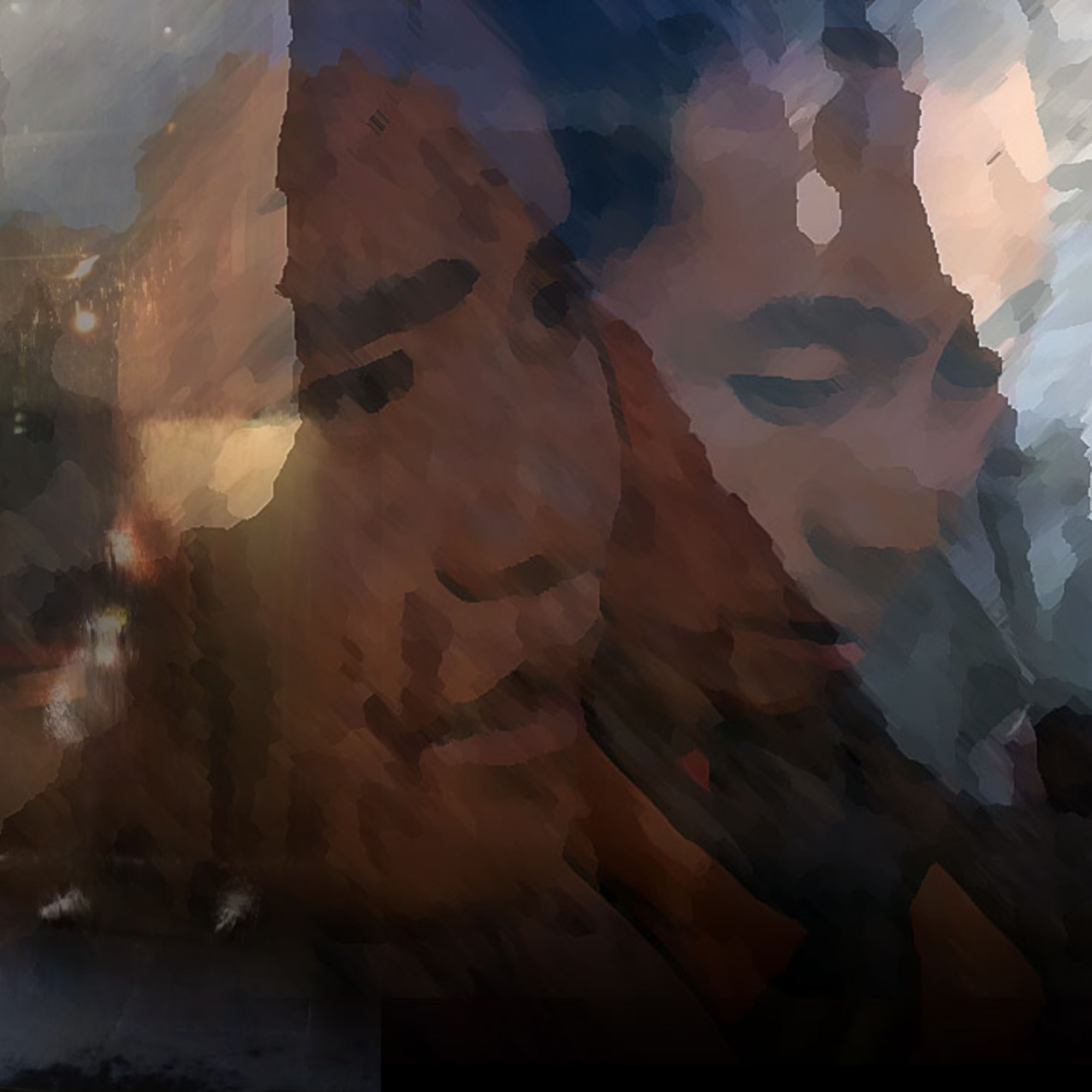 vague woman walks past faces of two men