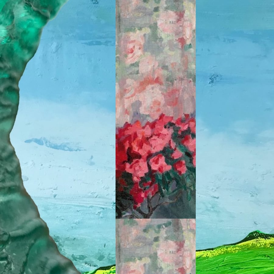 vertical stripe of red flowers over blue sky and glass