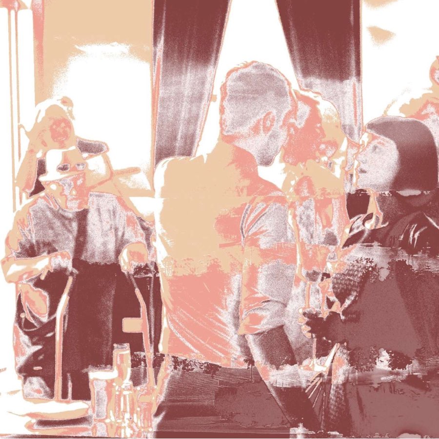 faded, colourised image of people talking in a pub
