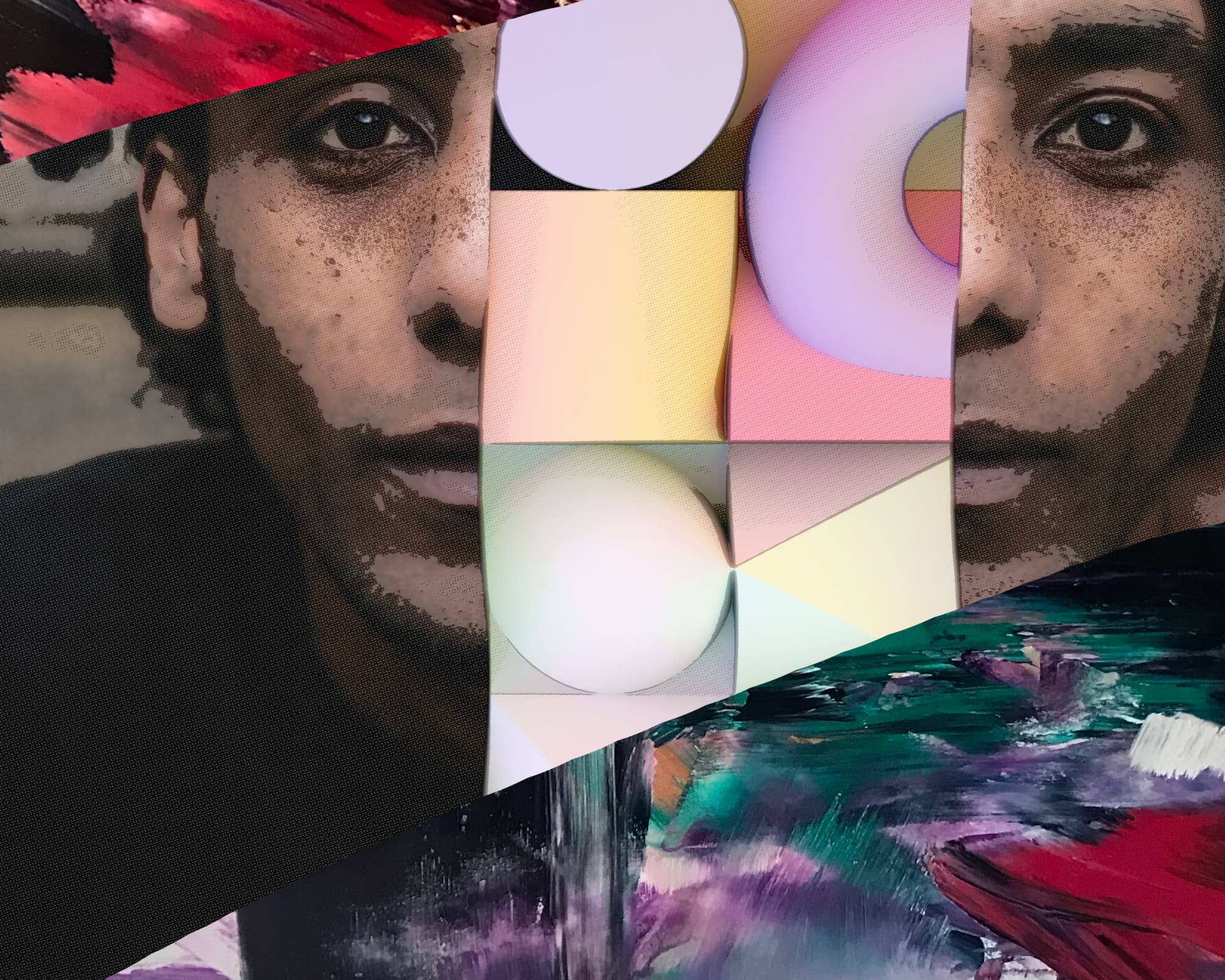 young man's face in two halves separated by abstract circular shapes, below is abstract action brushwork