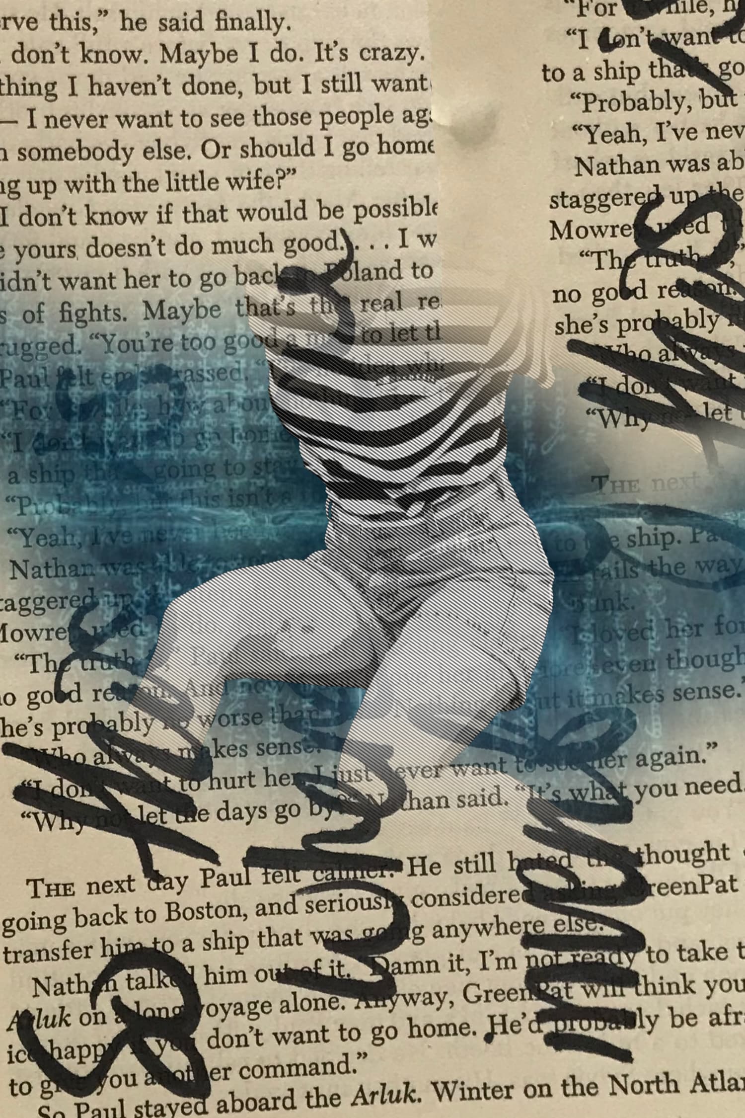 a page of juvenile fiction from the fifies overlaid with handwriting in bold cursive - so this is where you invent yourself - revealed beneath is part of an image of a young woman in shorts and T-shirt falling