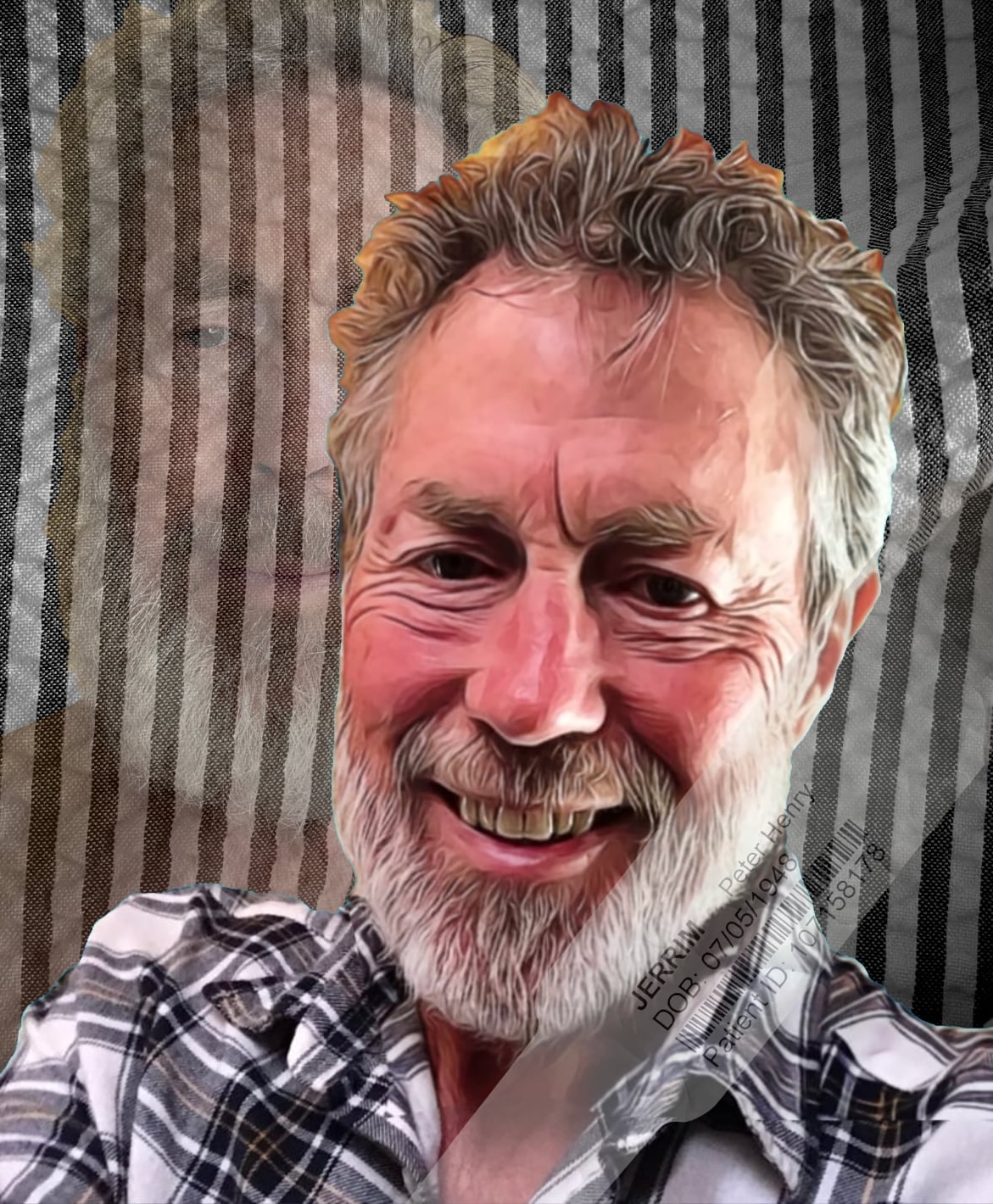 cartoonised head and shoulders against a background of hospital gown and other things